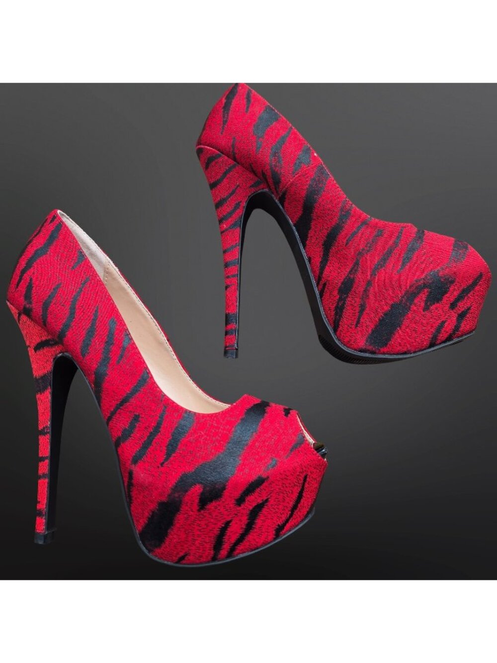 Y2K Liliana Red Tiger Stripe Animal Print Platform Peeptoe Stiletto Heels Size 6